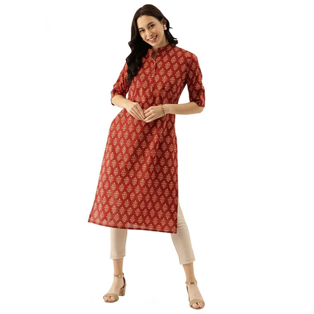 Generic Women's Cotton Printed Straight Kurti (Red, Cotton)