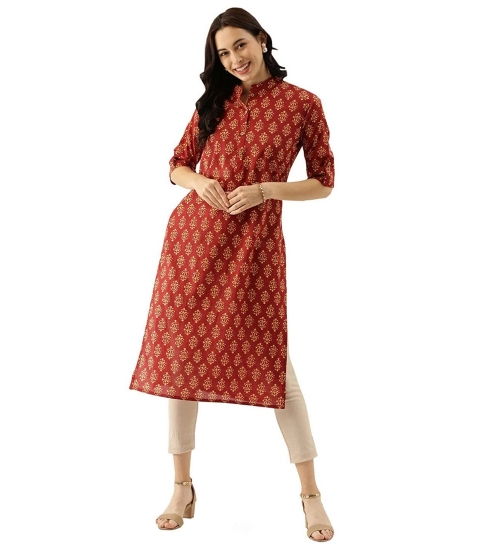 Generic Women's Cotton Printed Straight Kurti (Red, Cotton)