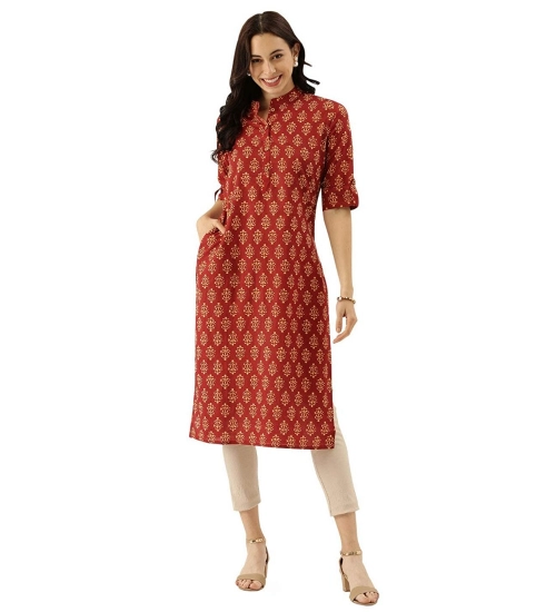 Generic Women's Cotton Printed Straight Kurti (Red, Cotton)