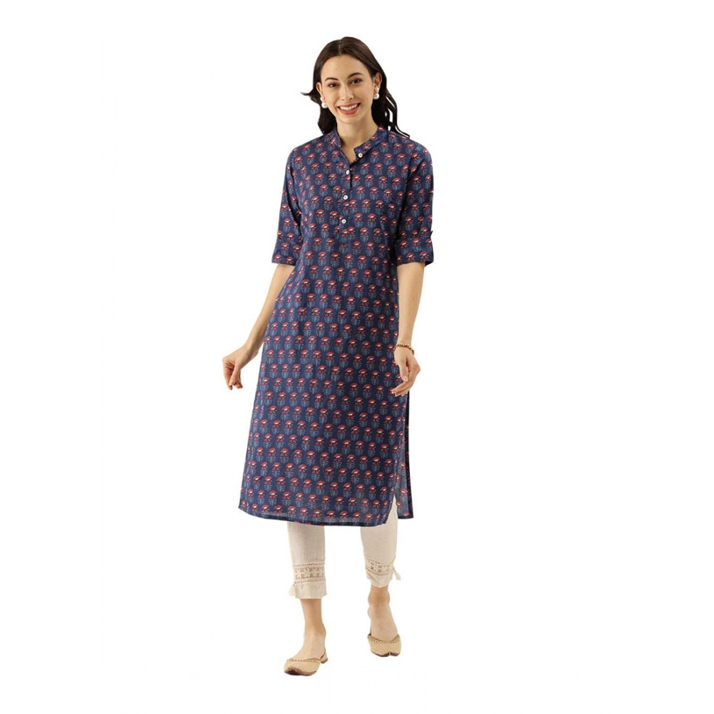 Generic Women's Cotton Printed Straight Kurti (Navy Blue, Cotton)