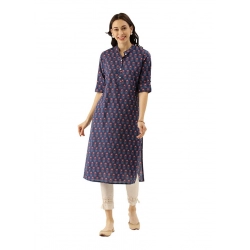 Generic Women's Cotton Printed Straight Kurti (Navy Blue, Cotton)