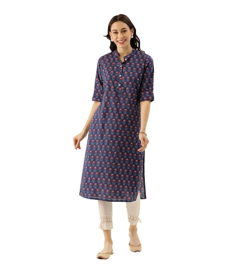 Generic Women's Cotton Printed Straight Kurti (Navy Blue, Cotton)