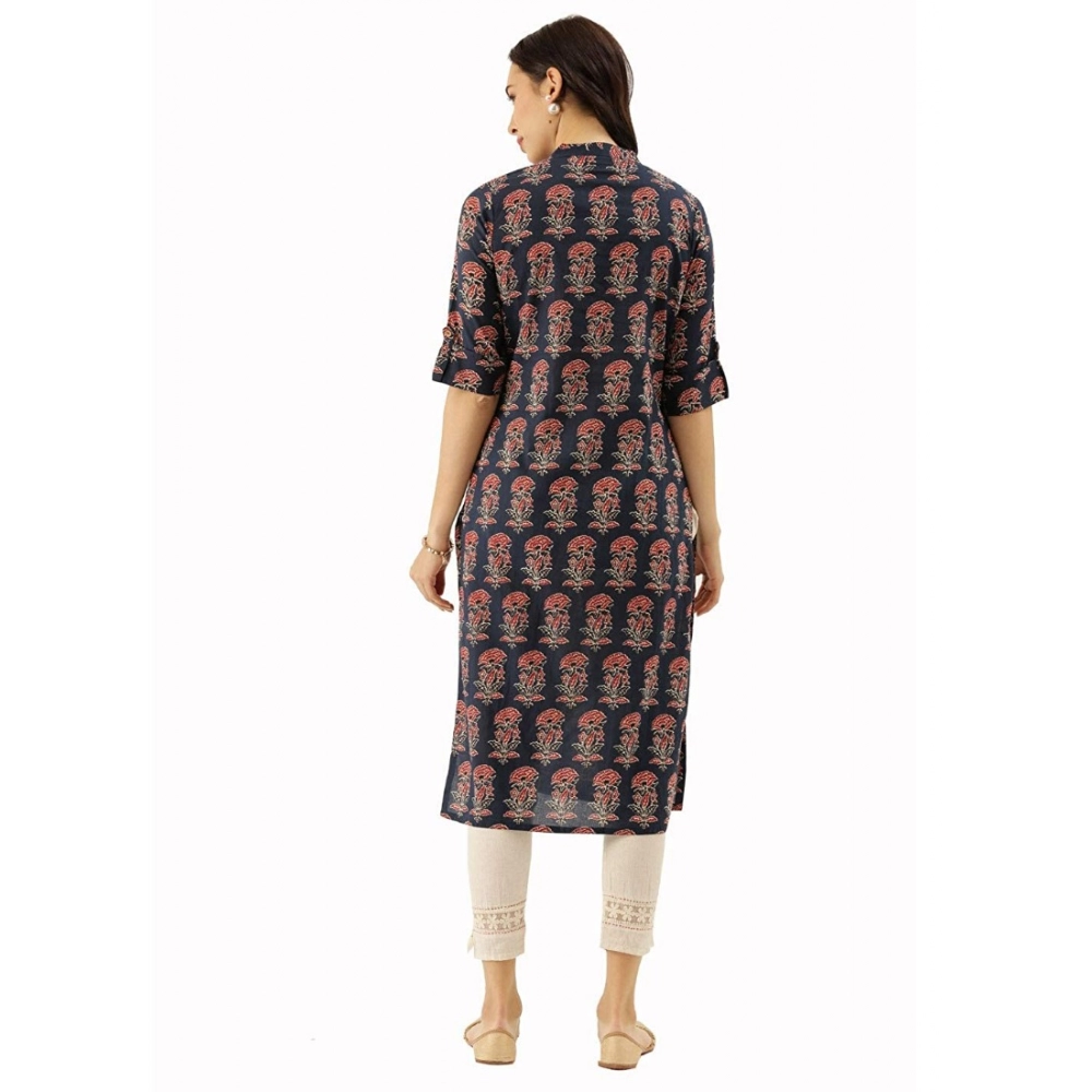Generic Women's Cotton Printed Straight Kurti (Blue, Cotton)