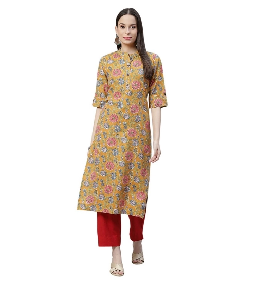 Generic Women's Cotton Printed Straight Kurti (Mustard, Cotton)
