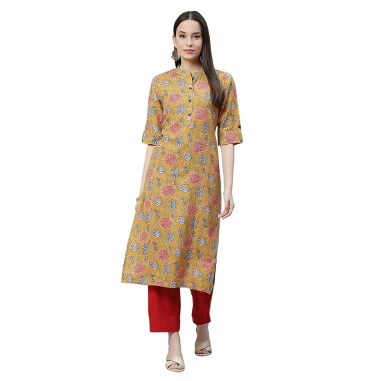 Generic Women's Cotton Printed Straight Kurti (Mustard, Cotton)