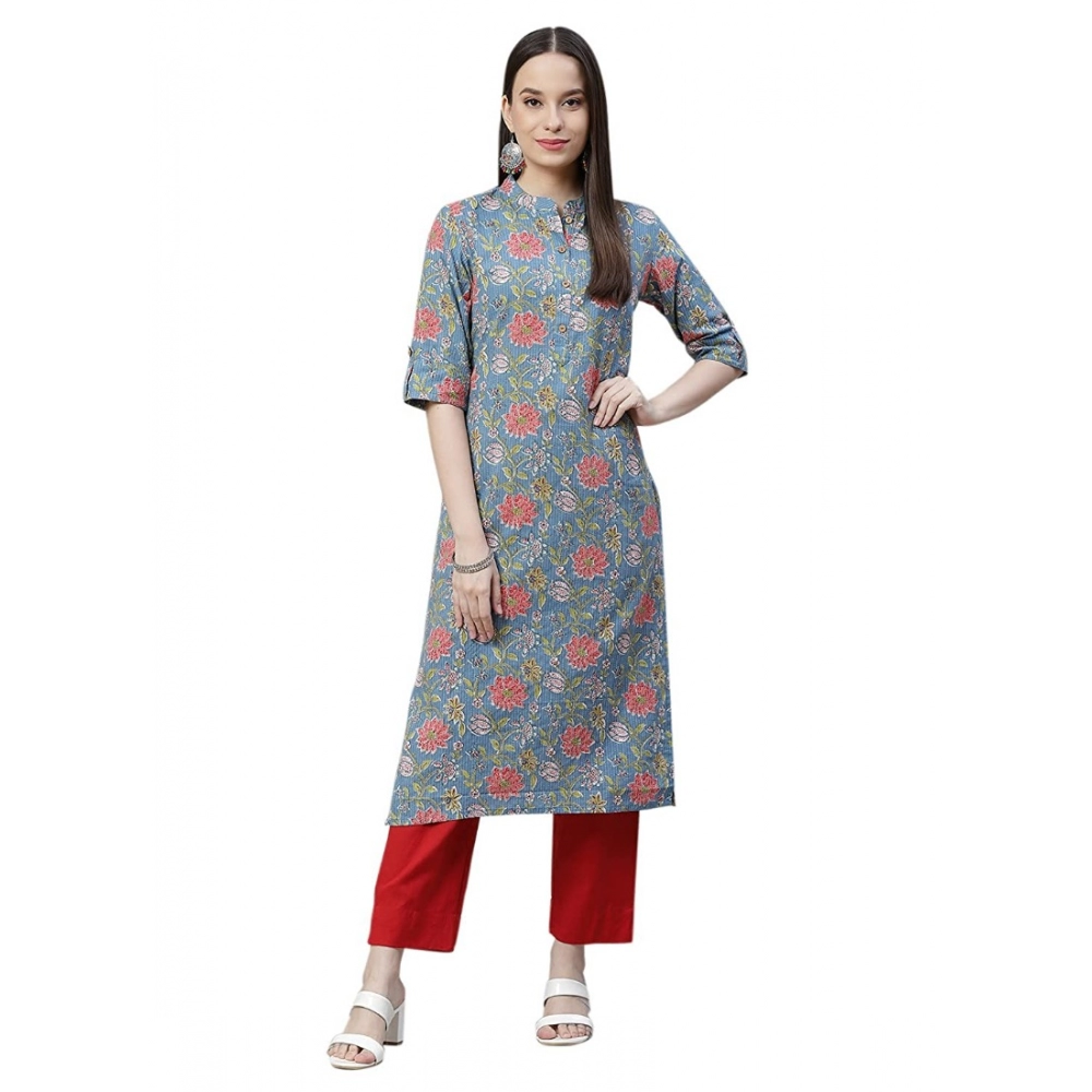 Generic Women's Cotton Printed Straight Kurti (Blue, Cotton)