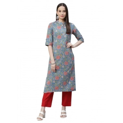 Generic Women's Cotton Printed Straight Kurti (Blue, Cotton)