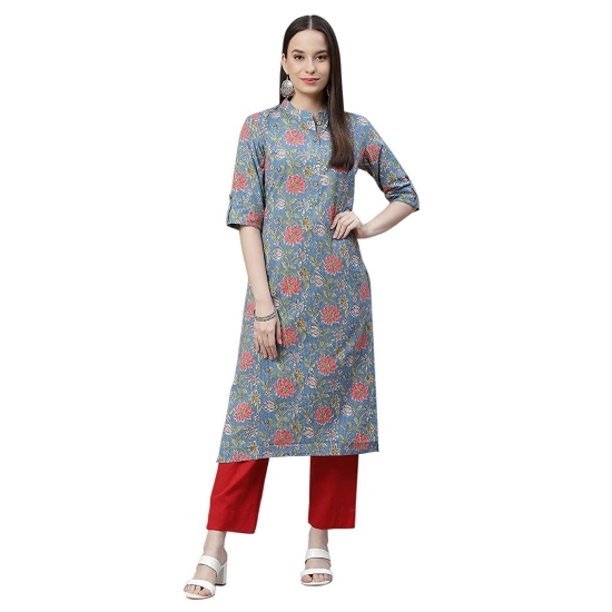 Generic Women's Cotton Printed Straight Kurti (Blue, Cotton)