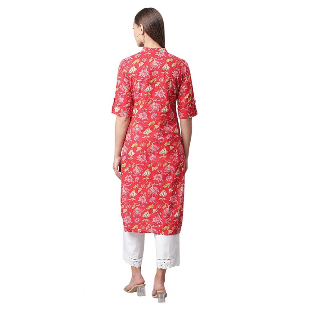 Generic Women's Cotton Printed Straight Kurti (Red, Cotton)