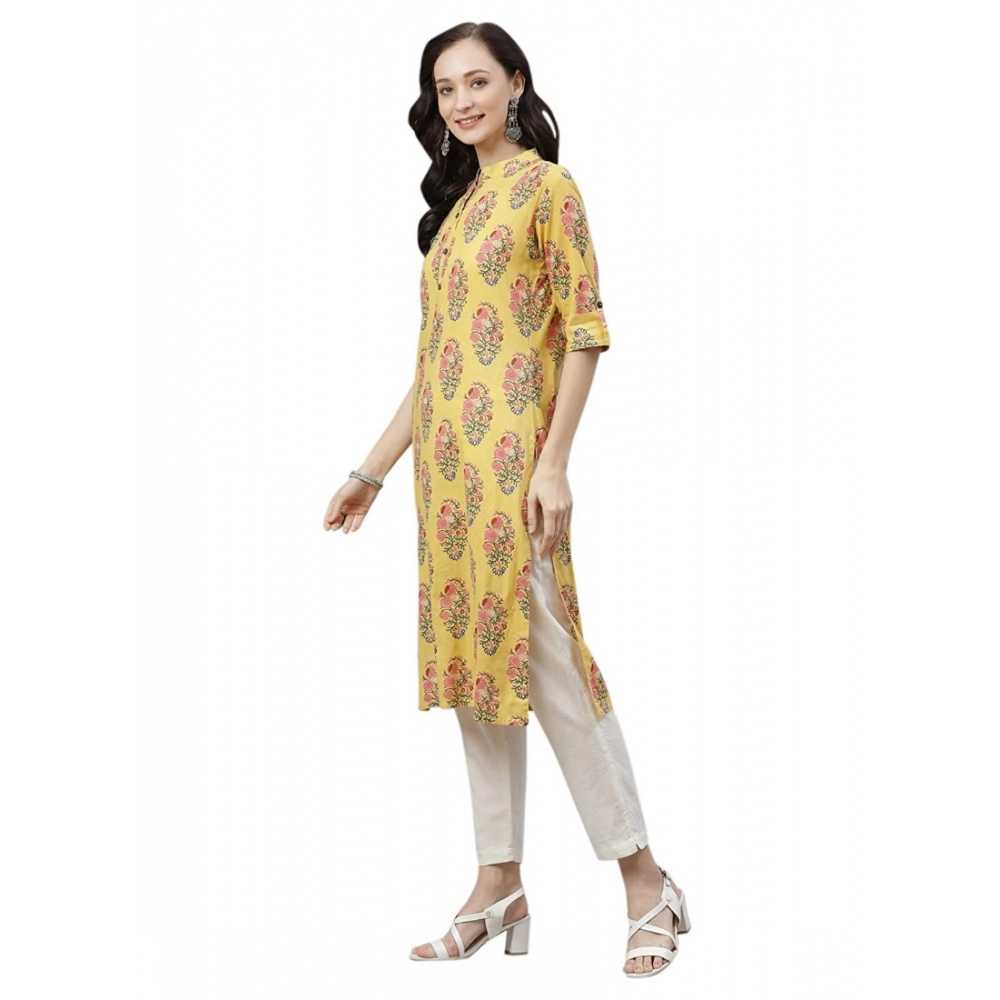 Generic Women's Cotton Printed Straight Kurti (Yellow, Cotton)