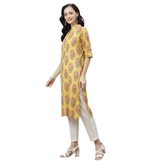Generic Women's Cotton Printed Straight Kurti (Yellow, Cotton)