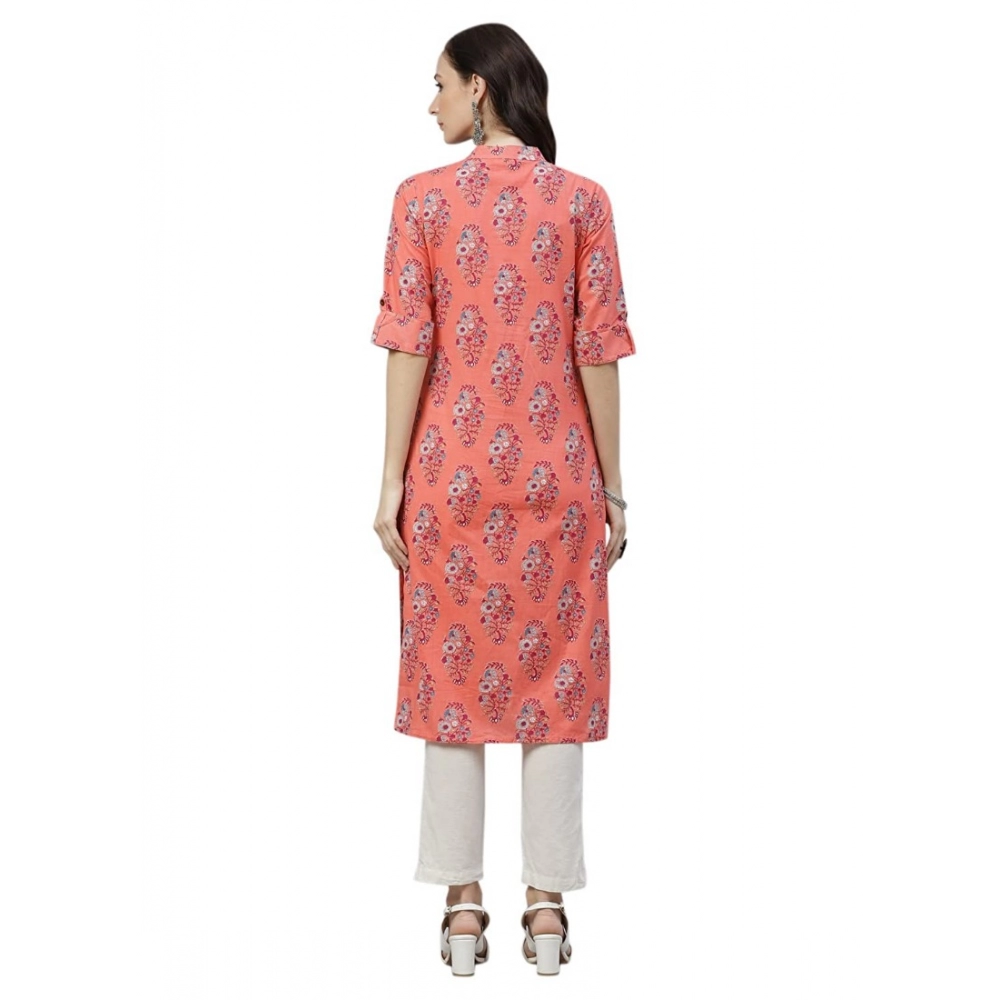 Generic Women's Cotton Printed Straight Kurti (Peach, Cotton)