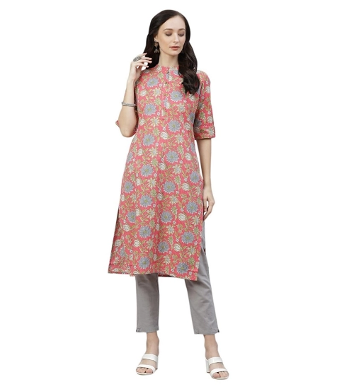 Generic Women's Cotton Printed Straight Kurti (Pink, Cotton)