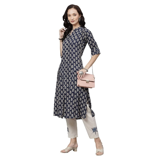 Generic Women's Rayon Printed A Line Kurti (Blue, Rayon)