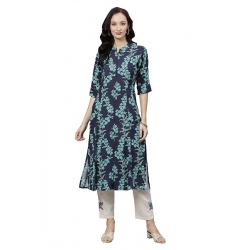 Generic Women's Cotton Printed A Line Kurti (Blue, Cotton)