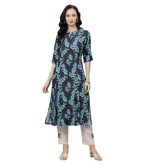 Generic Women's Cotton Printed A Line Kurti (Blue, Cotton)