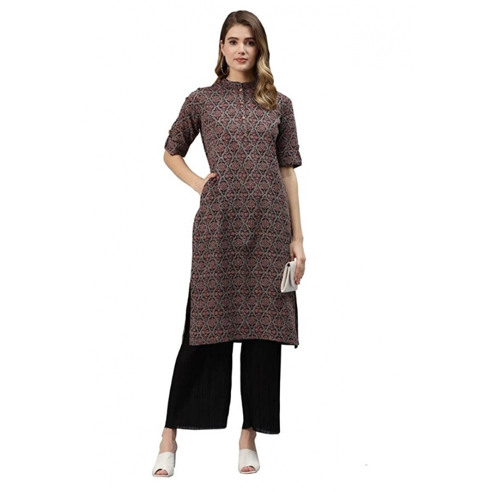 Generic Women's Cotton Printed Straight Fit Kurti (Black, Cotton)