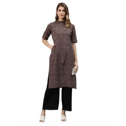 Generic Women's Cotton Printed Straight Fit Kurti (Black, Cotton)
