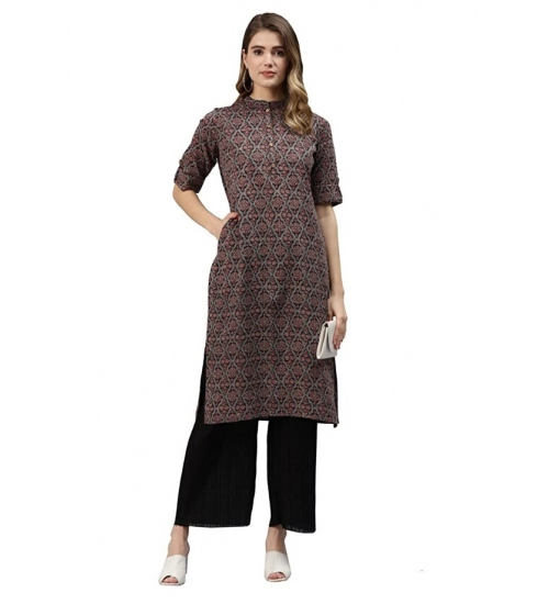 Generic Women's Cotton Printed Straight Fit Kurti (Black, Cotton)