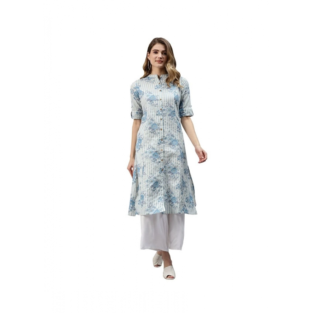 Generic Women's Cotton Printed A Line Kurti (Off White, Cotton)