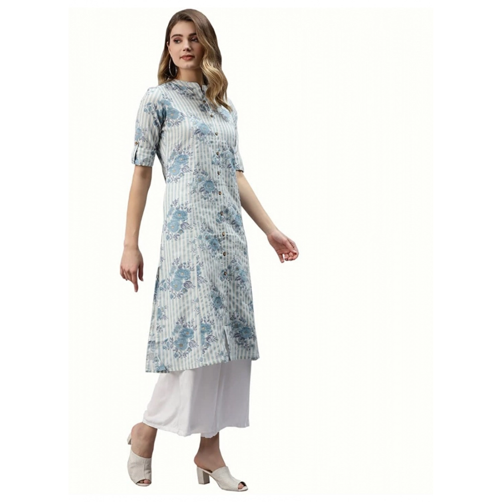 Generic Women's Cotton Printed A Line Kurti (Off White, Cotton)