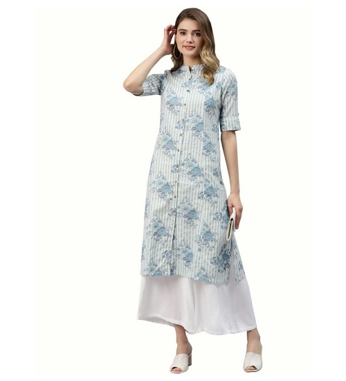 Generic Women's Cotton Printed A Line Kurti (Off White, Cotton)