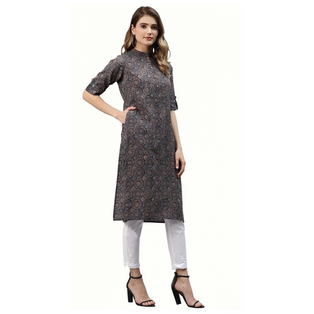 Generic Women's Cotton Printed Straight Kurti (Dark Blue, Cotton)