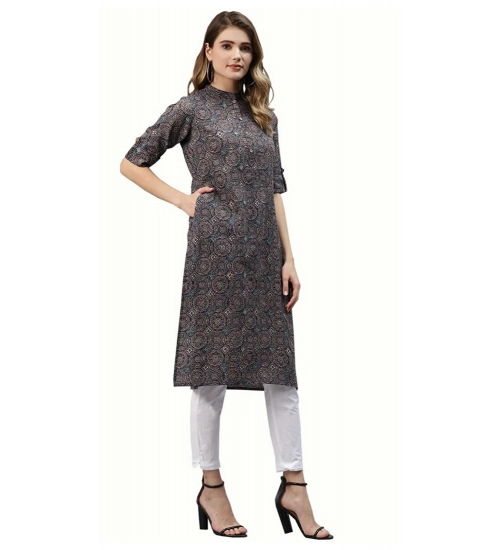 Generic Women's Cotton Printed Straight Kurti (Dark Blue, Cotton)