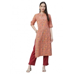 Generic Women's Cotton Printed Straight Kurti (Peach, Cotton)