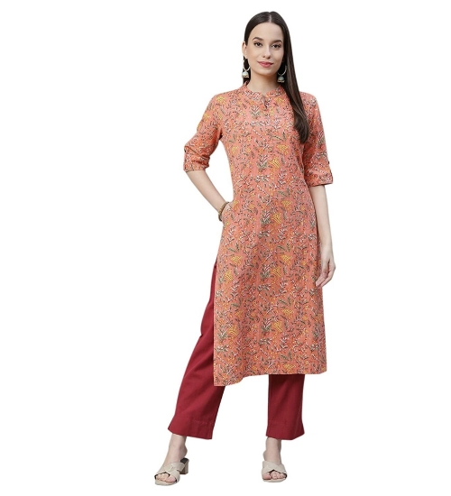 Generic Women's Cotton Printed Straight Kurti (Peach, Cotton)
