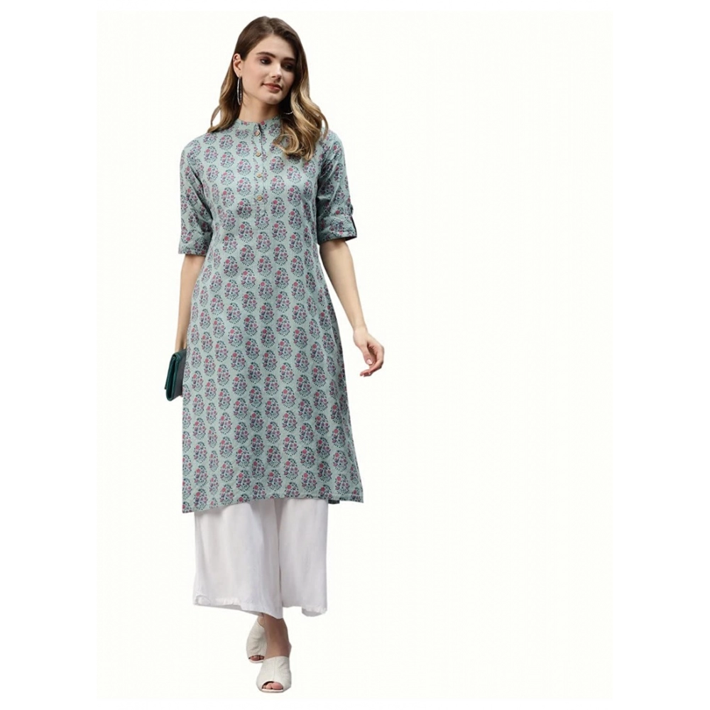 Generic Women's Cotton Printed Straight Kurti (Blue, Cotton)