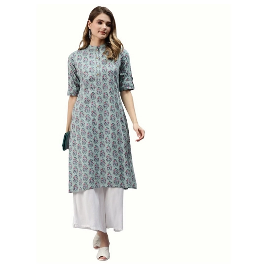 Generic Women's Cotton Printed Straight Kurti (Blue, Cotton)