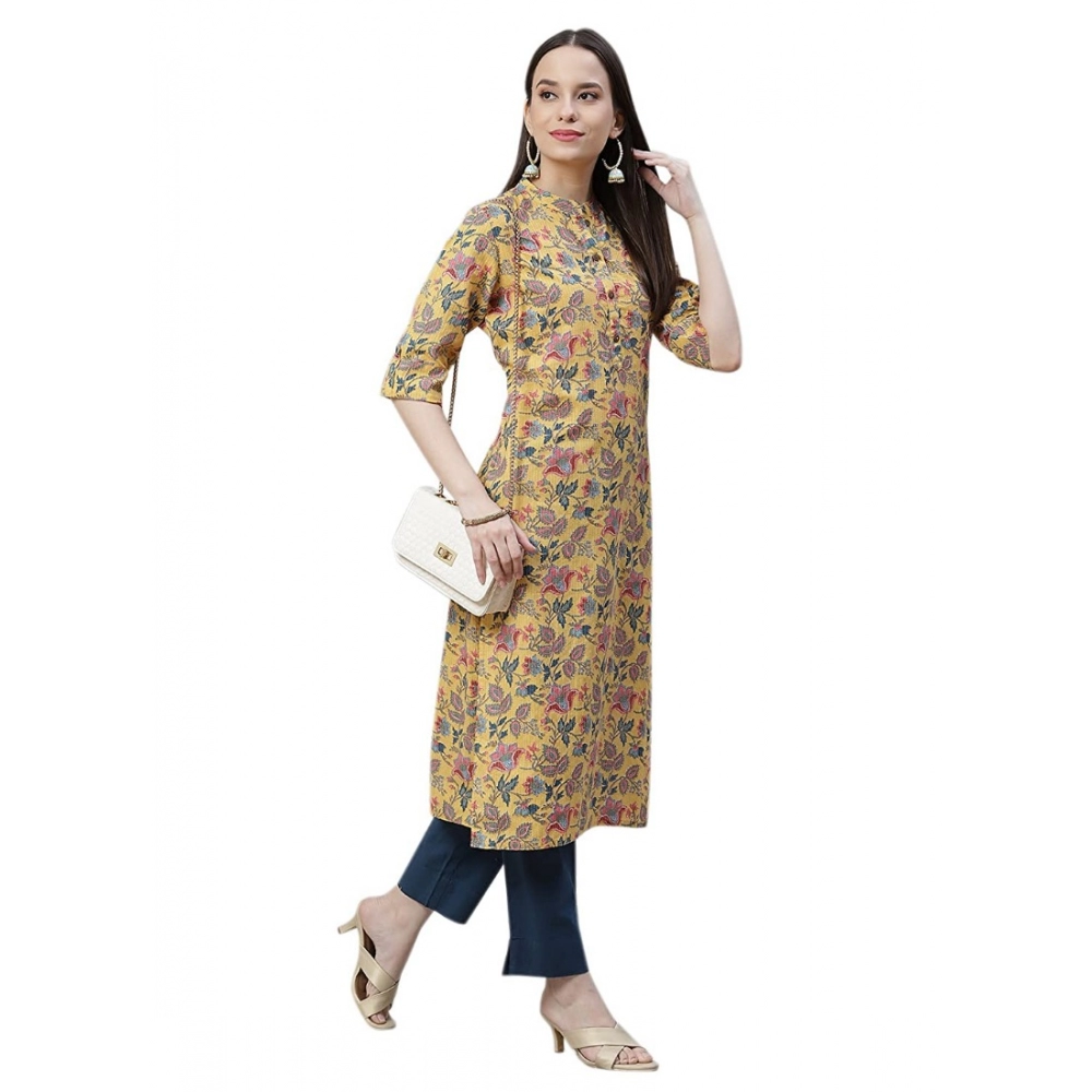 Generic Women's Cotton Printed Straight Kurti (Yellow, Cotton)
