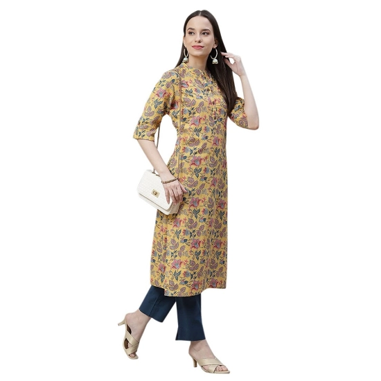 Generic Women's Cotton Printed Straight Kurti (Yellow, Cotton)