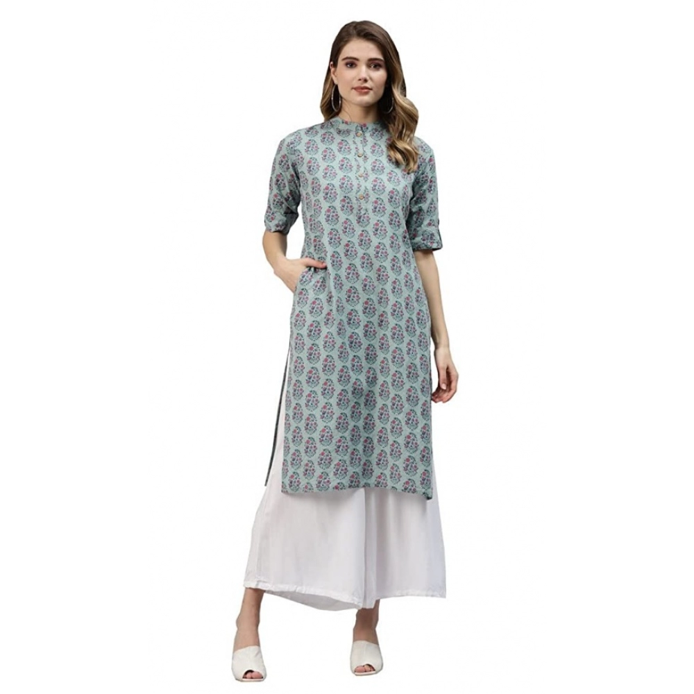 Generic Women's Cotton Printed Straight Kurti (Blue, Cotton)