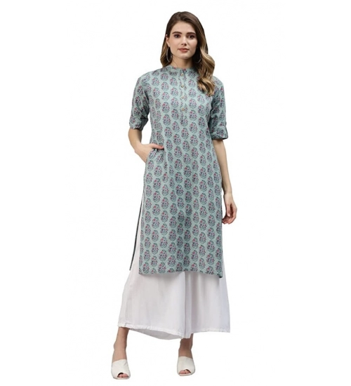 Generic Women's Cotton Printed Straight Kurti (Blue, Cotton)
