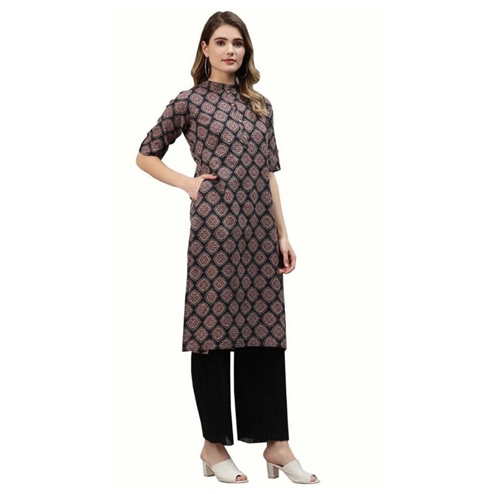Generic Women's Cotton Printed Straight Kurti (Black, Cotton)