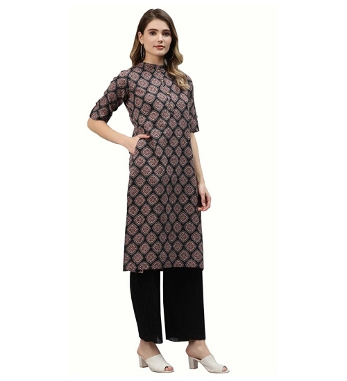 Generic Women's Cotton Printed Straight Kurti (Black, Cotton)