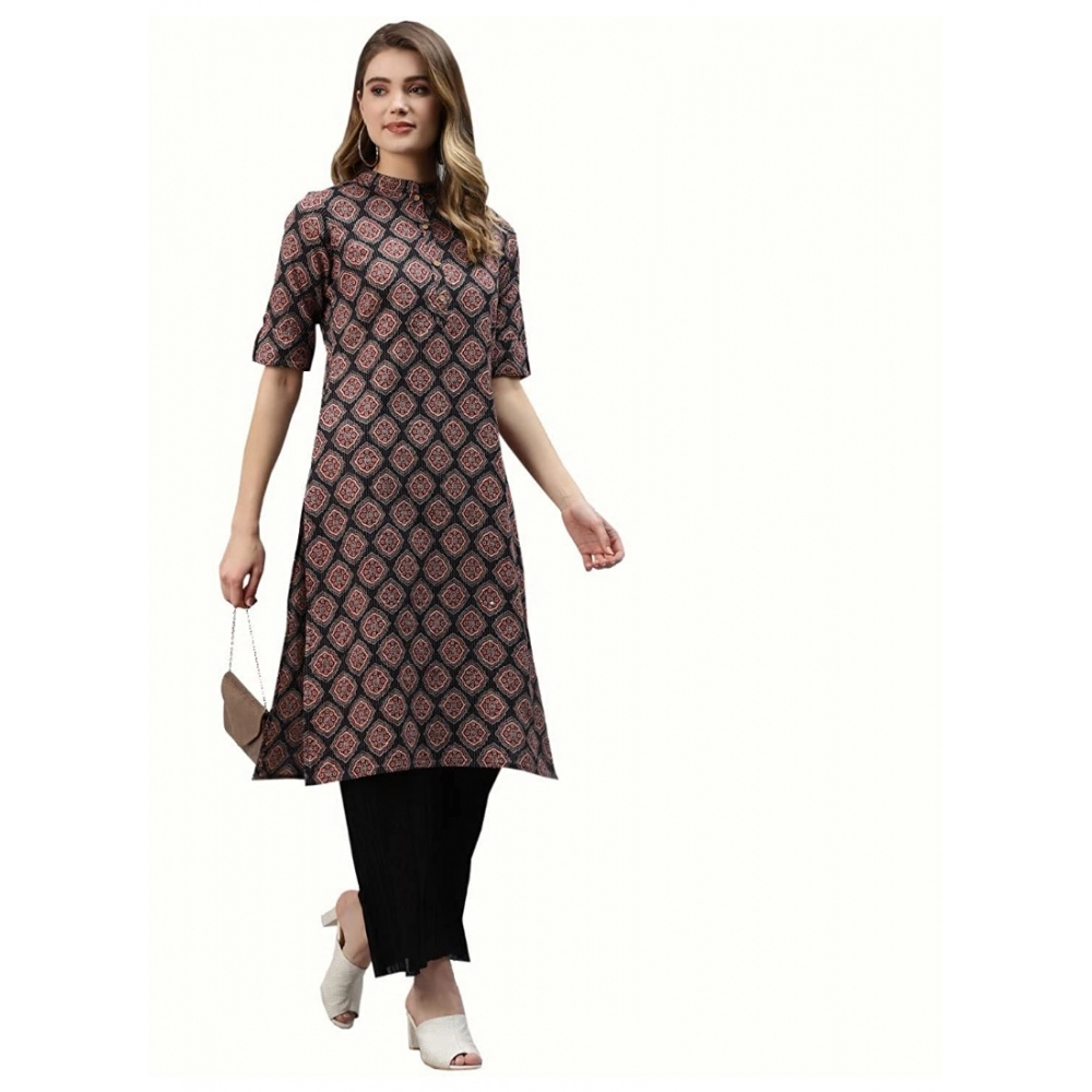 Generic Women's Cotton Printed Straight Kurti (Black, Cotton)