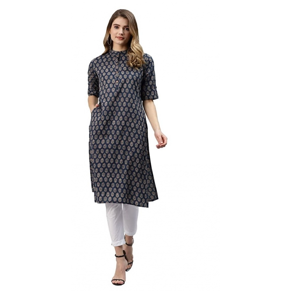 Generic Women's Cotton Printed Straight Fit Kurti (Blue, Cotton)