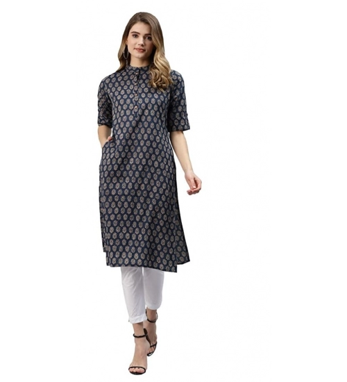 Generic Women's Cotton Printed Straight Fit Kurti (Blue, Cotton)