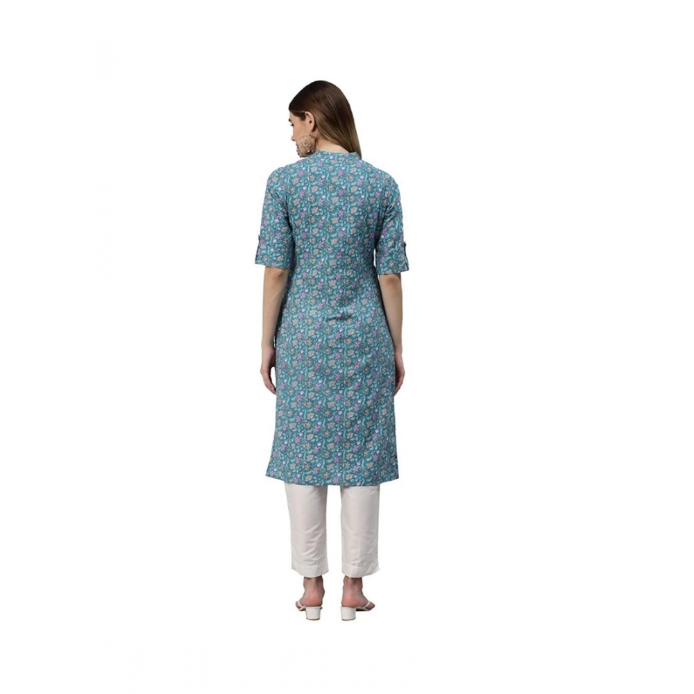 Generic Women's Cotton Printed Straight Kurti (Sea Green, Cotton)
