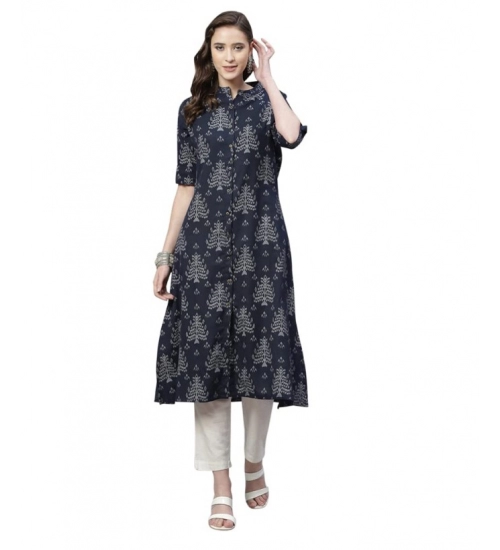 Generic Women's Cotton Printed Flex Kurti (Navy Blue, Cotton)
