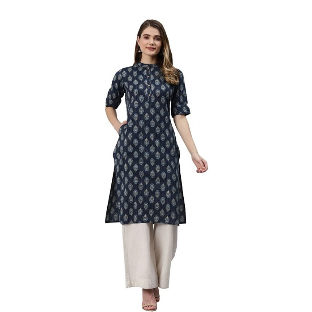 Generic Women's Cotton Printed Straight Fit Kurti (Navy Blue, Cotton)