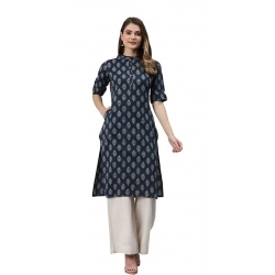 Generic Women's Cotton Printed Straight Fit Kurti (Navy Blue, Cotton)