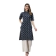 Generic Women's Cotton Printed Straight Fit Kurti (Navy Blue, Cotton)
