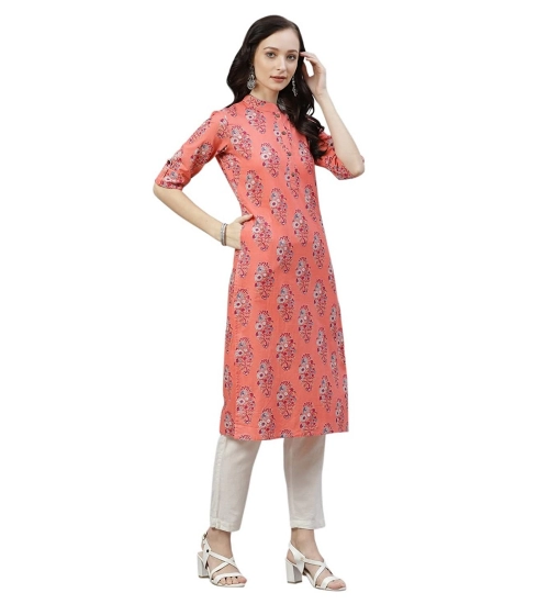 Generic Women's Cotton Printed Straight Kurti (Peach, Cotton)