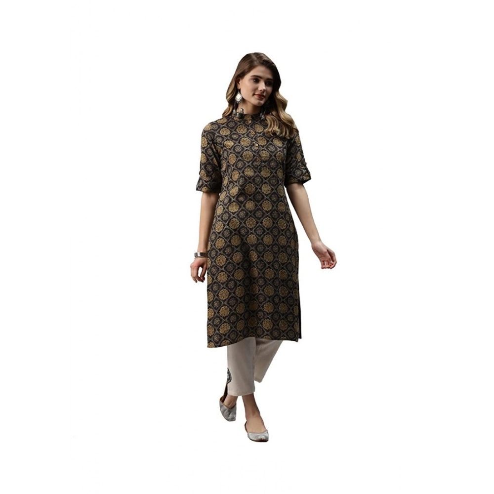 Generic Women's Cotton Printed Straight Fit Kurti (Black, Cotton)