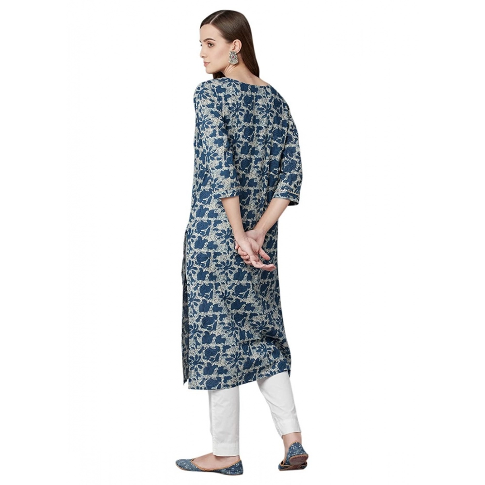 Generic Women's Cotton Printed Straight Kurti (Blue, Cotton)