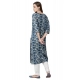 Generic Women's Cotton Printed Straight Kurti (Blue, Cotton)